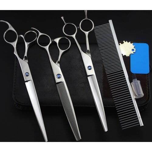 4 kit Professional japan 440c pet 8 inch shears dog grooming thinning hair scissors cutting barber tools hairdressing scissors