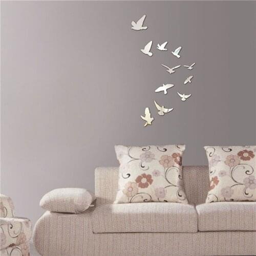 11PCS Flying Birds DIY 3D Acrylic Mirror Wall Sticker Silver Removable Wall Decal Wall Decoration for Living Room Bedroom Home
