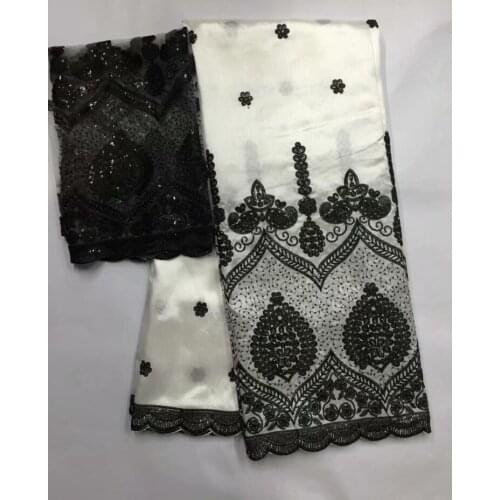 White and black 5yards African george lace fabric + 2yards French net lace fabric sets high quality for making fashion dress