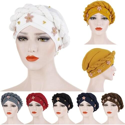 India Caps Braided Beaded Turban Scarf New Women Cotton Headwear Headwrap African Pearl Head Wrap Twist Bandana Hair Accessoires