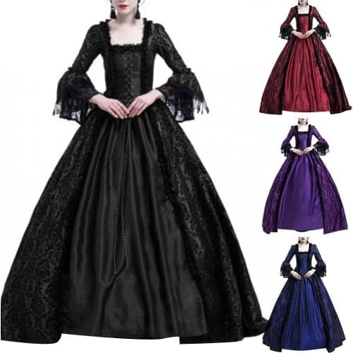 Best Sell Vintage Dress Women Medieval Renaissance Queen Ball Gown Bell Sleeve Maxi Dress Halloween Costume Black Blue Purple