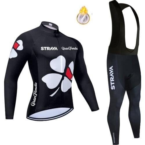 Flower Winter 2021 New STRAVA Cycling Team Jersey Sets 20D Sportswear MTB Bike Pants Men Thermal Fleece BiCycling Jacket