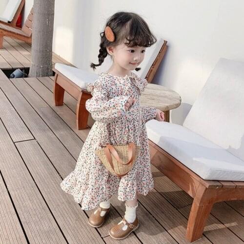 Spring New Baby Girls Floral Chiffon Dresses Childrens Long Sleeve Princess Dress Little Kids Cute Ruffles Dress One Piece X522