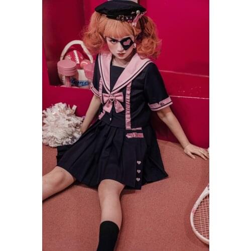 Aurora Academy Original Design Cute Japanese Womens JK Uniform Set: Short Sleeves Sailor Collar Blouse Shirt + Skirt