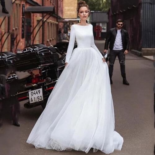 Long sleeves soft tulle Simple A Line Wedding Dresses Satin Wedding Bridal Gowns vestido de noiva sheer beach wedding guest