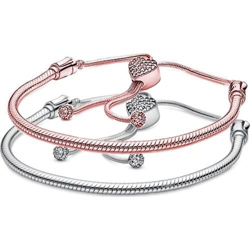 Rose Moments Pave Heart Clasp Snake Chain Slider 925 Sterling Silver Snake Bracelet Fit Pandora Bangle Bead Charm Diy Jewelry
