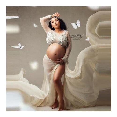Sexy Two Pieces Pregnancy Photo Shoot Dresses Long Sleeves O Neck 3D Appliques Chiffon Front Slit Maternity Dress Gowns