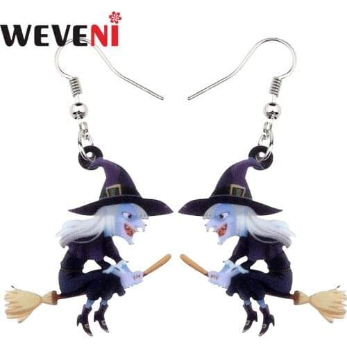 WEVENI Acrylic Animal Halloween Broomstick Witch Earrings Drop Dangle Fashion Cartoon Jewelry For Women Girls Teens Gift Charms