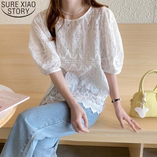 Summer New Puff Sleeve Shirt Chic Embroidery Cotton Lace Blouse 2021 Korean Loose Fashion Womens O-neck Casual Plus Size 14755