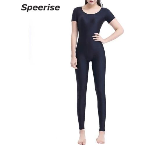 Speerise Women Ballet Jumpsuits Summer Short Sleeve Unitard Nylon Catsuit Dancewear Bodysuit Gymnastics Yoga Leotard Full Body