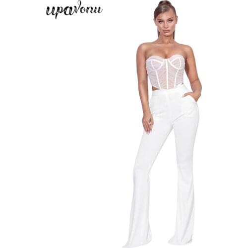 Free Shipping 2021 Women Bandage Pants Set Sexy Wrapped Chest Sleeveless Tulle Crop Top & Flared Pants Elegant Two-Piece Sets