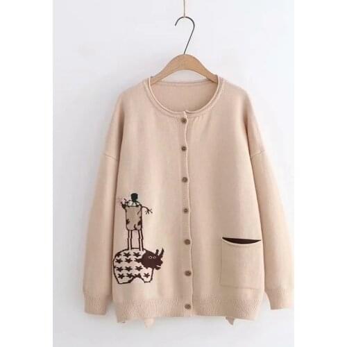 2020 Autumn Winter Core-Spun Yarn Knitted Long-Sleeve Cardigan Womens O-neck Loose Casual Jacquard Sweater