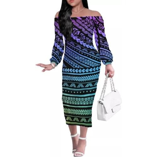 HYCOOL Hawaii Printed Ruch Polynesian Tribal Dress Woman Off Shoulder Long Sleeve Sheath Dresses Retro Slash Neck Robe Femme