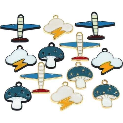 10pcs/lot Unique Enamel Cartoon Airplane Mushroom Lightning Cloud Black and Gold Charms For Earrings DIY Jewelry Making Findings
