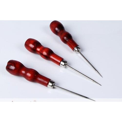 2pcs DIY Handmade Tool Wood Handle Steel Sewing Crochet Hook + Awl Leather Tools Straight Head Needle Shoe Repair Stitcher