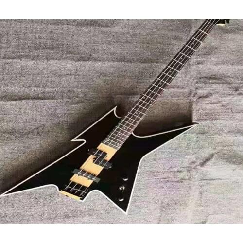 4 string electric guitar, bass, black hardware, black and white guitar, free transportation