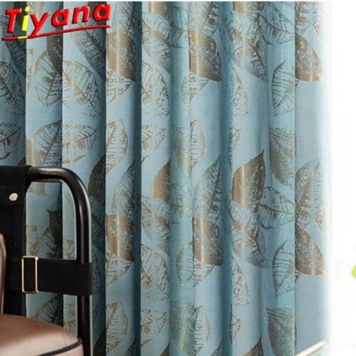 80%-90% Blackout Blue Curtains for Living Room Modern Golden Leaves Pattern Window Drapes for Bedroom Customizable *VT