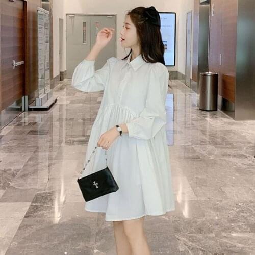 852# Maternity Clothes Spring Autumn Turn Down Collar Mid-Long Shirt Dress