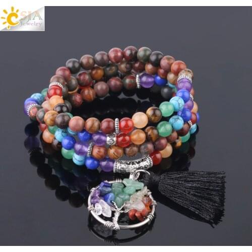 CSJA Chakra Bracelet Multilayer Healing Natural Stone 108 Mala Rosary Beads Life of Tree Tassel Pendant Meditation Bangles F683