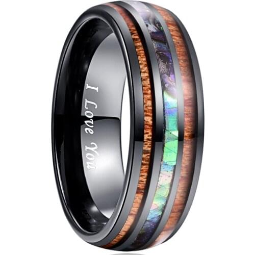 Fashion No Engrave I Love You 8MM Tungsten Carbide Ring Electroplate Black Inlaid Acacia Abalone Shell Tungsten Steel Mens Ring