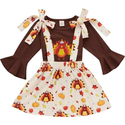 2021 2Pcs Thanksgiving Day Little Girls Outfit, Creative Chicken Printing Flare Long Sleeve Round Collar Tops + Suspender Skirt