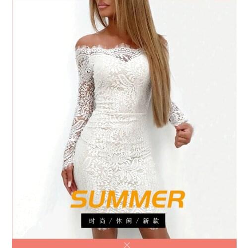 Fashion Women Elegant Long Sleeve Lace Floral Off Shoulder Dress Bodycon Slim White Casual Party Mini Dress Vestdios