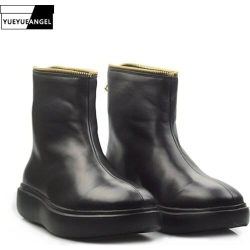 Luxury Black High Top Boots Men Harajuku Genuine Leather Platform Shoes Autumn Winter Classic Back Zip Work Boots Footwear 37-44