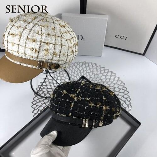 Autumn French Fashion Leather Women Octagonal Hat Gold Wire Rhinestones Elegant Casual Women Octagonal Hat Big Brim Ladies Hats