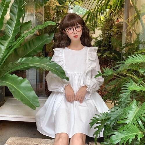 Womens Autumn New Japanese Sweet round Neck Ruffled Bow Lace-up fairy dress tea party lolita dress sweet lolita doll
