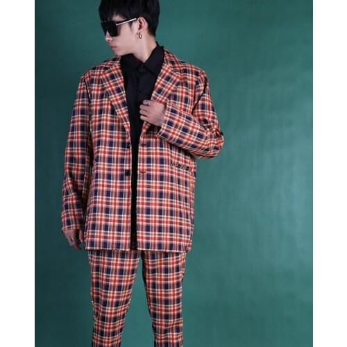 Restore Red Custom Fashion Hip Hop Blazer Coat DJ Singer Stage Clothing Vintage Plaid Suit Jacket Male High Street Men