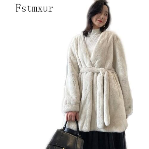 Fstmxur 2021 New Copenhagen Imports Velvt Mink Fur Coat Womens Full Sleeve V-Neck With Sashes Warm Soft Medium Mink Fur Coats