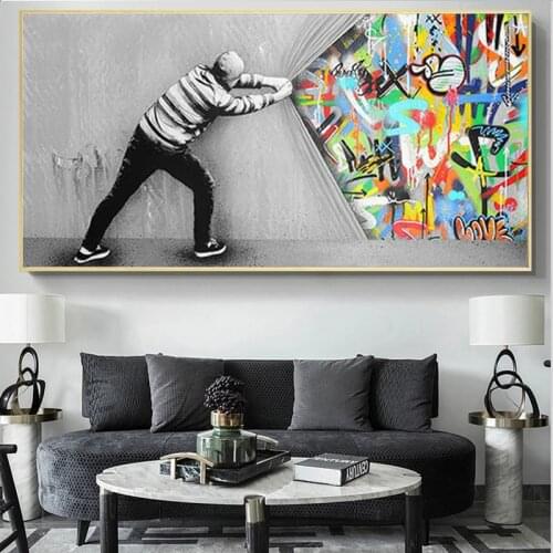Street Art Banksy Graffiti Wall Art Behind The Curtain Canvas Paintings Cuadros Wall Art Pictures for Home Decor (No Frame)
