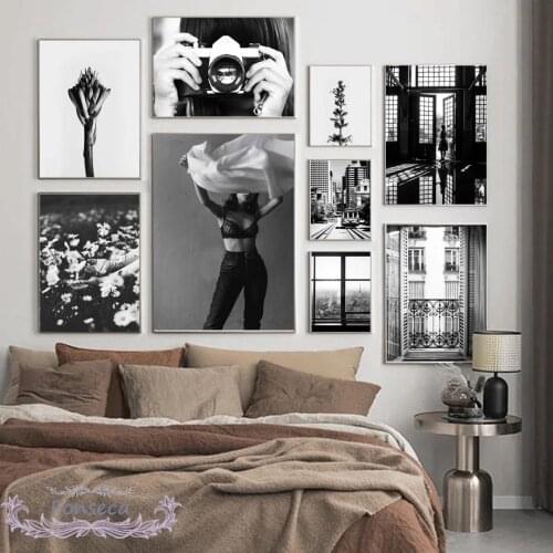 Vintage Paris Tower Window Landscape Canvas Painting Black White Camera Flower Woman Poster Wall Art Pictures for Living Room