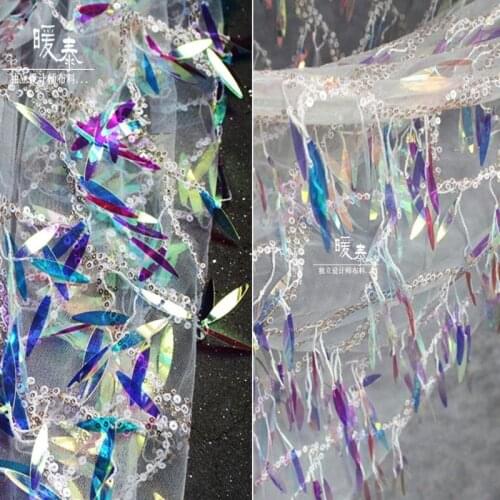 Embroidered Sequin Mesh Fabric Iridescent Oval Tassels Sequin DIY Stage Clothes Props Decor Skirt Wedding Dress Designer Fabric