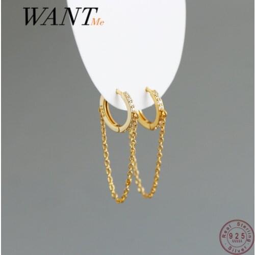 WANTME Genuine 925 Sterling Silver Minimalist Punk Link Chain Tassel Stud Earrings for Women Bohemian Chic Party Jewelry Gift