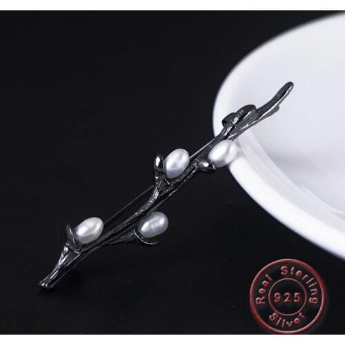 Amxiu Vintage Branch Brooch Handmade 925 Silver Corsage Natural Pearl Brooches Pins Jewelry For Women Clothes Hat Accessories