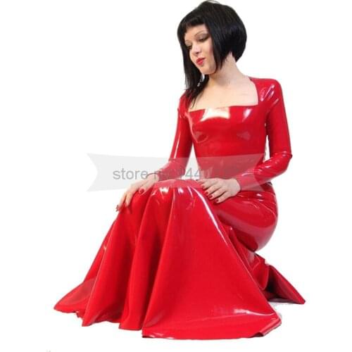 Women Full Sleeve Latex Dresses Amazing Red Rubber Fetish Club Party Dress Plus Size Customize Service BNLD031