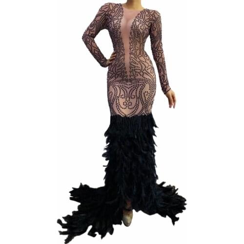 "Women Sexy Stage Black Rhinestones Long Feather Trumpet Dresses Birthday Celebrate Mesh Outfit Dancer Singer Evening Party Dres