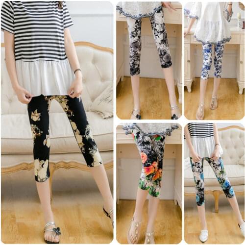 Summer cropped legings womens flowers graffiti print leggings large size high waist elastic loose breeches 3/4 pants trouser