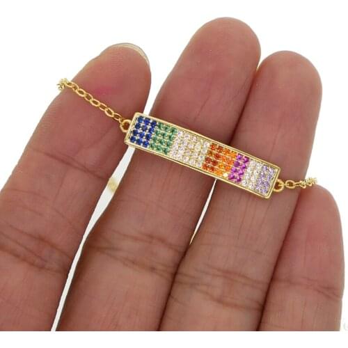 Rainbow cz bar bracelet for lady women fashion jewelry gold color multi color micro paved cz bar simple bracelets