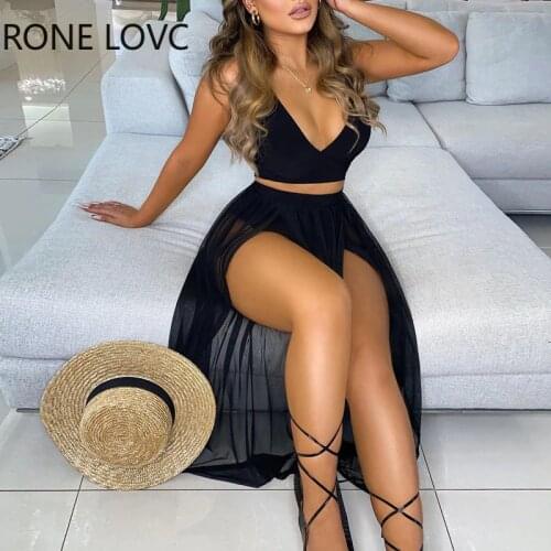 Women Solid Solid Crop Top & Sheer Mesh High Slit Maxi Skirt Casual Solid Set Two pieces