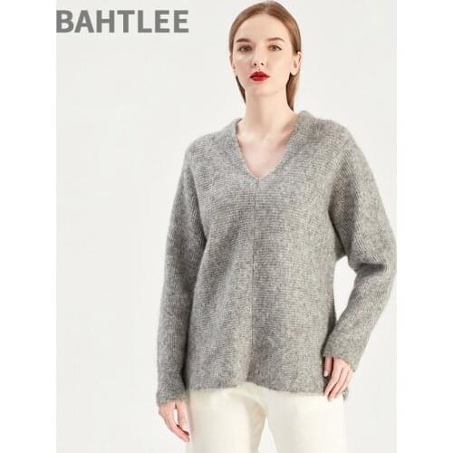 BAHTLEE Spring Autumn Women Mohair Long Sleeves Thick Sweater Wool Knitted Jumper Pullovers V-Neck Pure Solid Color Loose