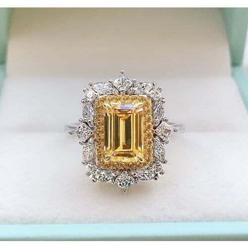 100% 925 Sterling 6*9MM Silver Emerald Cut Citrine Created Gemstone Rings for Women Wedding Bands Engagement Ring