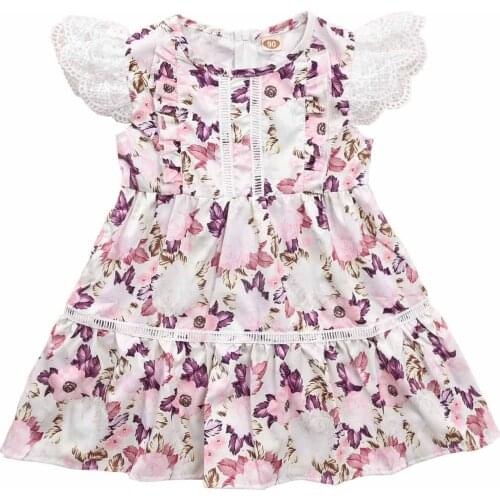 2021 0-6Y Sweet Kids Baby Girl Dress Flower Lace Fly Sleeve Floral Print Tunic Pleated Knee-length Dress Summer Sundress