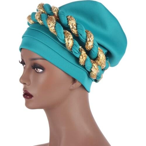 2021 High Quality Great Muslim Space Layer Two-color Sequined Twist Headscarf Fashionable Beanie Beanie Hat Halal Costume