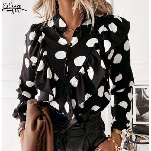 Spring Autumn Office Lady Chiffon Polka Dot Women Shirts Long Sleeve Ruffled V-neck Blouse Women Elegant Ladies Clothing 12253