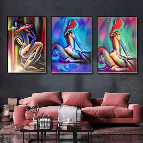 Sexy Woman Man Print Canvas Painting Colorful Abstract Nude Body Lover Sex Posters Wall Art Mural Pictures for Bedroom Cuadros