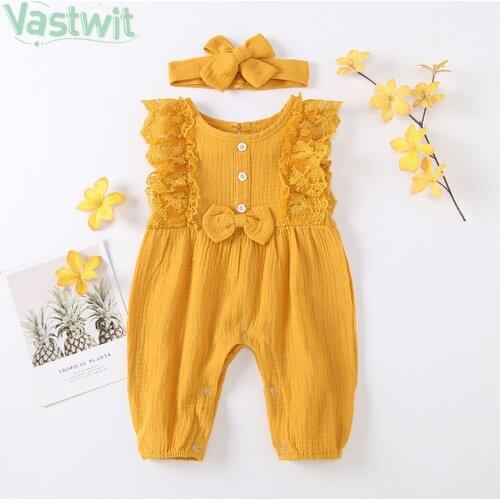 Summer Newborn Baby Girls Romper+Bowknot Headband Cotton Linen Ruffles Sleeveless Rompers Lace Bow One Piece Jumpsuit Clothes