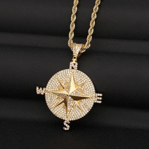 Fashion necklaces 2021 compass shape pendant golden ice crystal zircon mens hip-hop jewelry ladies necklace