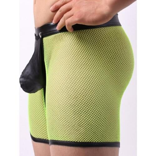 Mens Long Boxer Sexy Transparent Hollow Mesh Gay Underwear Men PU Large Penis Pockets Homme Boxershorts Hip Open Male Panties